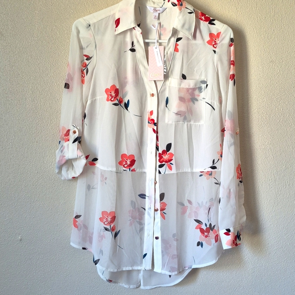 Candie's Mixed Fabric Floral Petal Pattern Button Up Blouse